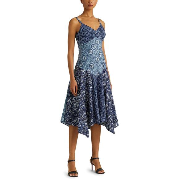 Lauren Ralph Lauren Women Blue Linen Patchwork-Print Flare Midi Dress Size 12 - Picture 1 of 5